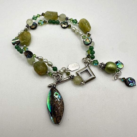 8" Tres Jolie double stranded, Pearl, Stone, abalone shell bracelet in 925! - Picture 3 of 13